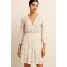 Aclassics Kadın Krem Kruvaze Etekleri Kiloş Fırfırlı Uzun Kol Elbise