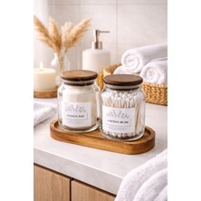 Durina Living Akasya Kapaklı Cam Kavanoz Seti Standlı Banyo Organizer Pamukluk ve Kulak Çubuğu Makyaj Pedi