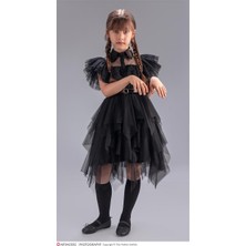 Sy Store Kız Çocuk Tül Detaylı Wednesday Siyah Elbise