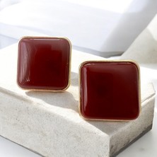 ALS Tasarım Dünyası Bordo Çelik Kare Kenarları Gold Vintage Küpe En:3 Boy: 3 cm