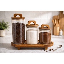 Durina Living Akasya Ahşap Kapaklı Cam Kavanoz Seti 3’lü Standlı – 1300 950 630 ml Kahve Çay Şeker Saklama
