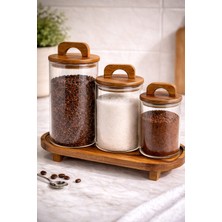 Durina Living 3’lü Akaya Standlı Vakum Kapaklı Cam Kavanoz Seti – 1000 ml + 750 ml + 500 ml – Kahve Şeker Çay  Tuz ve Bakliyat Saklama Kabı