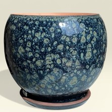 AdenArt Dekoratif Toprak Seramik Saksı Küre Mavi Desenli 22*22 cm El Yapımı ve Drenaj Deliği