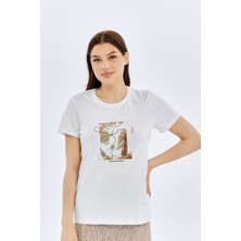 Trender Baskı Kadın T-Shirt Sonbahar Beyaz