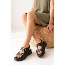 Erbilden Kaji Siyah Cilt Çift Tokalı Sandalet