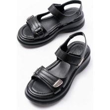 SEPET365 Ginya Siyah Cilt Cırt Cırtlı Sandalet