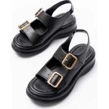 SEPET365 Kaji Siyah Cilt Çift Tokalı Sandalet