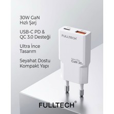 Azurtech FC71 30W Gan Süper Ince Hızlı Şarj Adaptörü | 1x Usb-A + 1x Usb-C | Pd 30W & Qc 3.0 Destekli Seyahat Tipi Şarj Cihazı