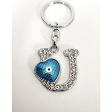 Moncuk Design Taşlı U Harfi ve Nazar Boncuklu Kalp Anahtarlık Gümüş Renk – Işıltılı Koruyucu Şık Çanta & Anahtar Aksesuarı