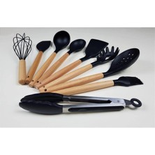 Macgon 9 Parça Bambu Saplı Silikon Kepçe Spatula Mutfak Seti Siyah