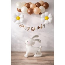 Papatya ve Büyük Boy 3D Beyaz Tavşan Tasarımlı Retro Doğum Günü Seti