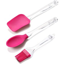 Macgon 3 Lü Plastik Saplı Silikon Kaşık - Spatula - Fırça Seti Fuşya