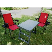 Macgon 3'lü Set, Bardaklıklı Katlanır Kamp Sandalyesi 2 Adet + Katlanır Kamp Masası, Kamp Masası Seti