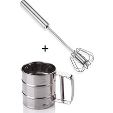 Macgon Çelik Yumurta Çırpıcısı + Paslanmaz Basmalı Un Şeker Kakao Eleği 2 Li Çırpma Un Eleği Seti