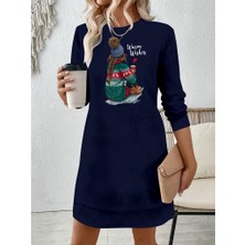 Moda Urul Modaurul Kadın Uzun Kollu Bisiklet Yaka Desenli Viskon Iki Iplik Elbise