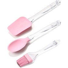 Macgon 3 Lü Plastik Saplı Silikon Kaşık - Spatula - Fırça Seti Pembe