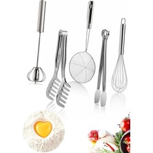 Macgon Pratik Mutfak Gereçleri 5 Parça Sofra Mutfak Yemek Hazırlık Seti Çelik Çırpıcı Maşa Kevgir Kepçe