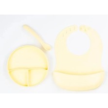 Venüs Shopping Sarı 3’lü Silikon Yemek Seti – Önlük + Diş Kaşıyıcılı Kaşık + Vakumlu Tabak