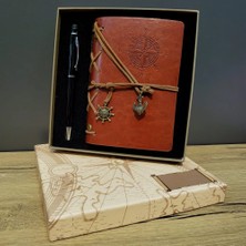 Venüs Shopping Kahverengi Pusula Tasarım Deri Defter ve Siyah Kalem Seti