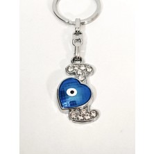 Moncuk Design Taşlı I Harfi ve Nazar Boncuklu Kalp Anahtarlık Gümüş Renk – Işıltılı Koruyucu Şık Çanta & Anahtar Aksesuarı