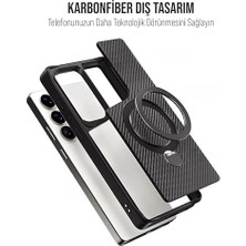 Karbon Fiber Materyal Stand Özellikli Lens Çerçeveli ve Sararmayan Güçlü Darbe Emici Premium Kılıf (Siyah, Galaxy S25 Ultra)