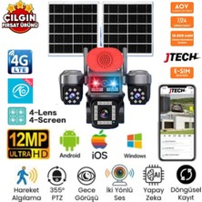 Jtech O-Kam OK-337 Premium 4g 12MP Sim Kartlı Solar Panelli Polis Çakarlı 4 Lens 1 Ptz Akıllı Kamera