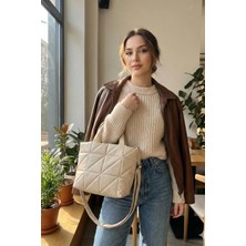 Kapitone Desen Günlük Model Deri Krem Orta Boy Kadın El ve Omuz Çanta