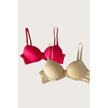 Alfa Aksesuar 03 Giyim Ten-Kırmızı 2'li Mikro Kumaş Push Up Dolgulu Balenli Günlük Destekli Sütyen Beruflic