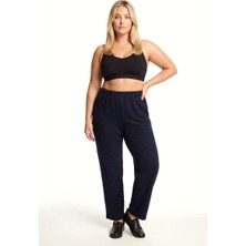 Alfa Aksesuar 03 Moda Kadın Lacivert Dokulu Büyük Beden Cepli Pijama Altı Rahat Kesim Esnek Bel Günlük Ev Giyim