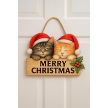 Uyuyan Kedili Yılbaşı Ahşap Kapı Süsü Kapı Süsü, Yılbaşı Süsü Yılbaşı Temalı Hediyeler (30-18 Cm)