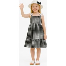 Erzani Kids Şapkalı Kombin – Kareli Fiyonk Detaylı Günlük Yazlık Askılı Şapkalı Elbise