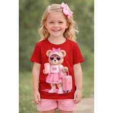 %100 Pamuklu Tatlı Valizli Ayıcık Tasarımlı Çocuk T-Shirt