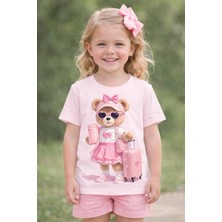 %100 Pamuklu Tatlı Valizli Ayıcık Tasarımlı Çocuk T-Shirt