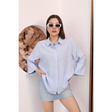 Famoda Kadın Slim Fit Dar Kesim Vücuda Oturan Uzun Kollu Mavi Gömlek