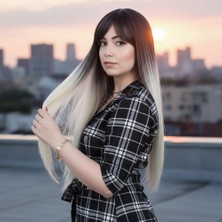 Feifei Fiber Sen Uzun Düz Kahküllü Peruk / Küllü Siyah / Platin Ombreli