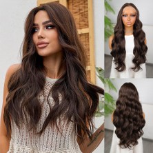 Feifei Koyu Kumral Dalgalı Fiber Sen Tül Peruk