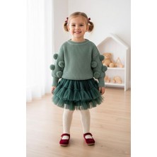 Miniğimin Cicileri Pon Pon Detaylı Triko Kız Çocuk Kazak - Yeşil