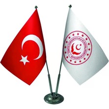 Özel Flama Bayrak Aile ve Sosyal Hizmetler Bakanlığı Masa Bayrağı ve Türk Bayrağı Saten Kumaş Çiftli Set