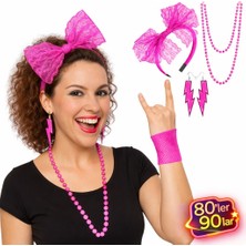 Venüs Shopping 80’ler 90’lar Neon Pembe Parti Seti – Kolye Küpe Taç