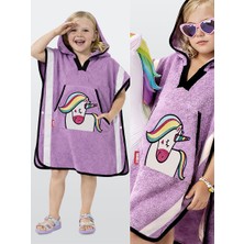 Denokids Kız Çocuk Plaj Havlusu Havlu Panço Kapüşonlu Unicorn Aplikeli Standart