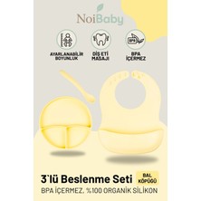 Sarı 3’lü Silikon Yemek Seti – Önlük + Diş Kaşıyıcılı Kaşık + Vakumlu Tabak