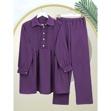 Modamorfo Önü Fırfırlı Yarım Düğmeli Keten Takım -Mürdüm