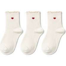 QUALITY WALKING 3’lü Kalp Desenli Dikişsiz Pamuk Kadın Çorap Fırfırlı Bilek Ipeksi Yumuşaklı