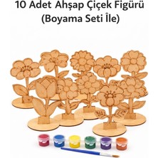Porsuk Modern Ahşap Boyama Seti Çiçek Figürü 12 Parça Boyama Seti Standlı Boyalı 10 Adet Çiçek 6 Adet Boya