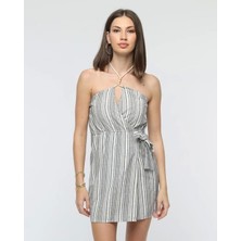 Feifei Kuşaklı Çizgili Mini Keten Elbise