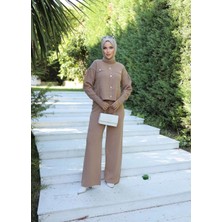 Feifei Taş Düğmeli Ikili Triko Takım Vizon