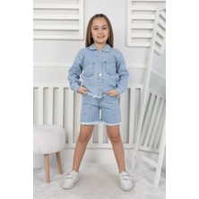 Superbaby Vintage Esintili Çiçek Işlemeli Kız Çocuk Kot Takım - Açık Mavi Denim Set