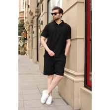 Madmext Siyah Polo Yaka T-Shirt Şort Takım E7363