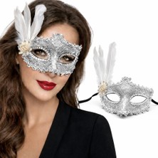 Feifei Lüks Beyaz Tüylü Venedik Maskesi – Taşlı Dantel Tasarım