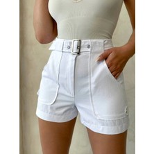 Feifei Kemer Detaylı Gabardin Şort Beyaz S25289